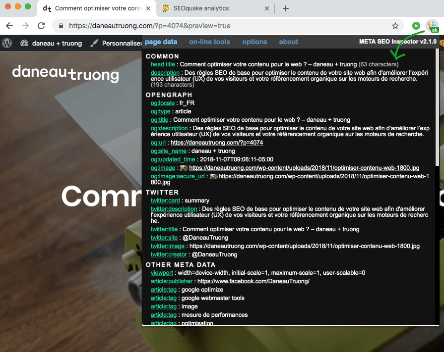 Audit de page web avec Meta SEO Inspector (extension pour Chrome)
