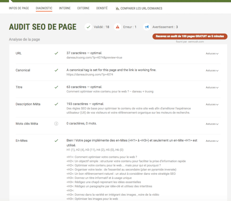 Audit de page web avec SEO Quake (extension pour Chrome)