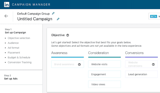 Un aperçu de l'interface de la plateforme sociale LinkedIn Ads, dans la section « Campaign Manager ».